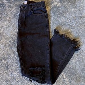 Insane Gene black straight-leg denim, size 25, distressed knee, frayed ankle hem